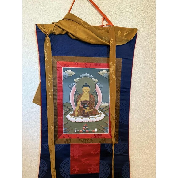 BUDDHA SHAKYAMUNI/SIDDHARTHA TIBETAN THANGKA PAINTING SILK BORDER 18"x33" - Picture 2 of 11